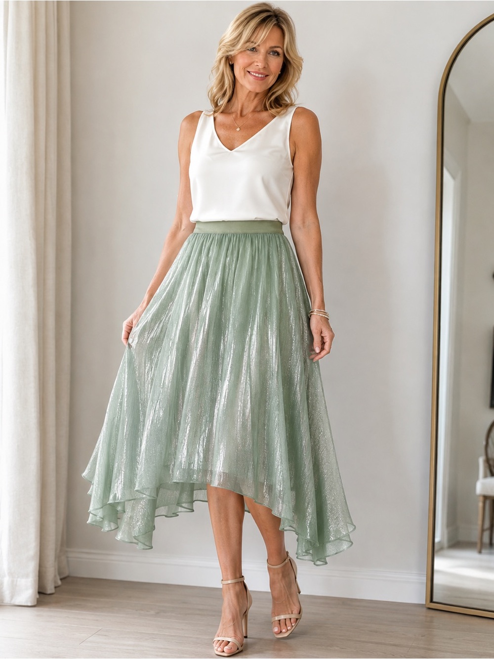 Shimmery Sage Green High-Low Skirt
